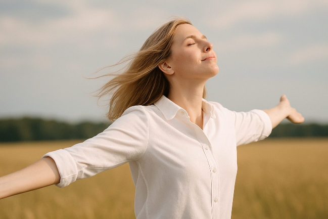 woman with closed eyes and opened arms standing in the sun