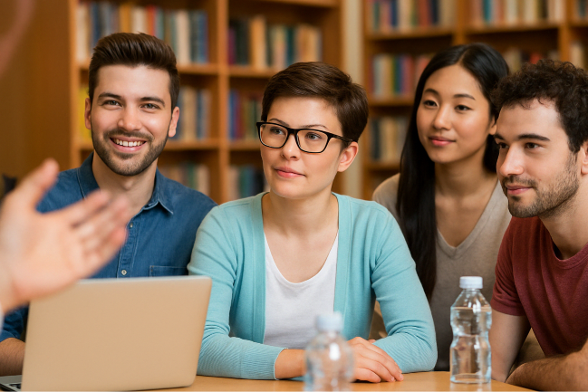 a group of people sitting at a desk